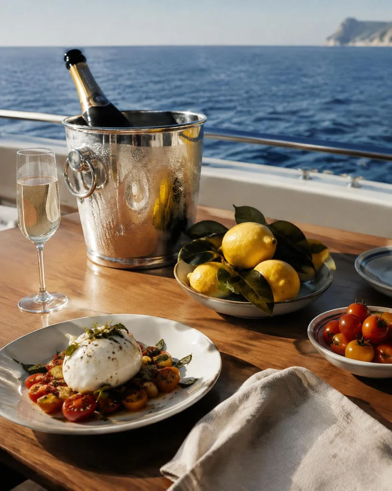 Champagne, Amalfi lemons and burrata served on deck